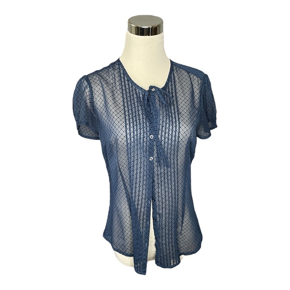 ANN Taylor Loft blue sheer textured black spotted short sleeve button blouse s 4